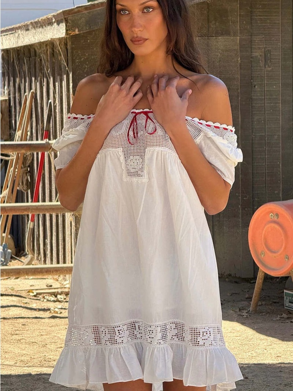 Frankie's Bikinis x Bella hadid White Mini Dress with Red Ribbon Trim - Picture 2 of 5